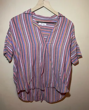 Madewell Multicolor Striped V-Neck Short Sleeve Button-Down Blouse XS thumbnail 1