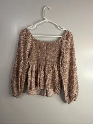 Japna Tan Brown Printed Long Sleeve Peasant Top Size Medium thumbnail 2