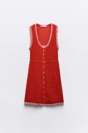 Zara crochet Red Button-Up Dress with Lace Trim thumbnail 3