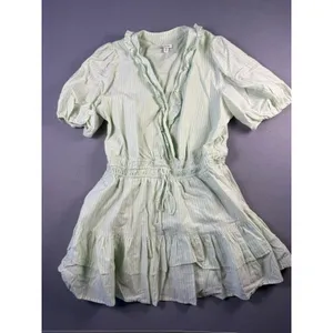 Free Assembly Womens XXL Green Striped Ruffle V-Neck Puff Sleeve Mini Dress thumbnail 2