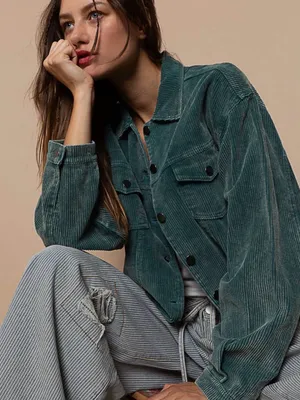 POL Vintage Wash Corduroy Jacket‎ Distressed Green Button Jean Jacket size Large thumbnail 1
