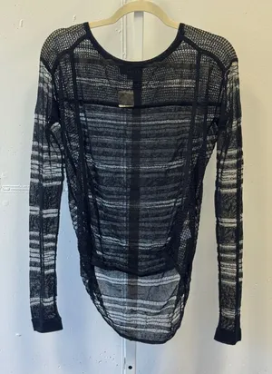 Trouve Sheer Mesh Open Knit Linen Blend High Low Top Long Sleeve Monochrome XS thumbnail 1