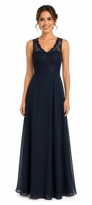 Azazie Navy Lace Chiffon Open Back Bridesmaid Formal Maxi Gown X Small thumbnail 1