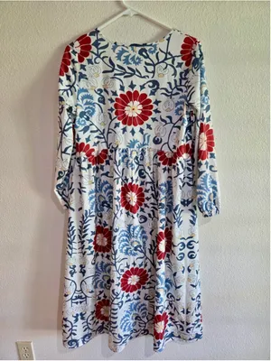 Boho Floral Suzani Print Long Sleeve Empire Waist Midi Dress Red Blue Small W-27 thumbnail 2