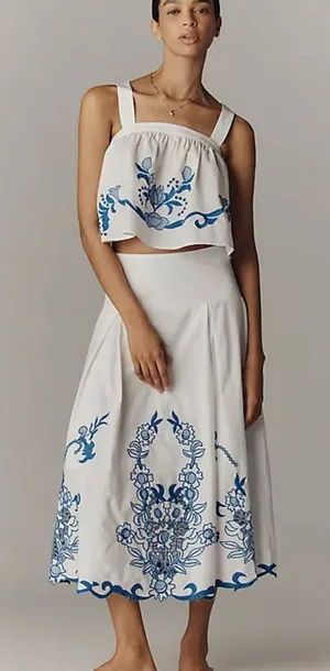 Anthropologie White Cotton Cutwork Embroidered Lined Midi Skirt Size S thumbnail 1