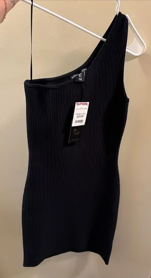 One-Shoulder Black Ribbed Bodycon Dress thumbnail 1