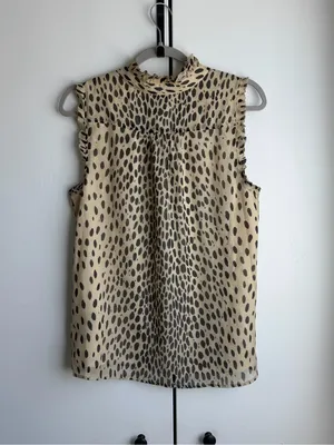 J. Crew Beige Sleeveless Ruffle Tie-Neck Top with Black Spot Print thumbnail 2