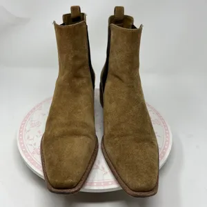 Tory Burch Chelsea Boots Women 10.5 Tan Suede Leather Square Toe Block Heel Pull thumbnail 2
