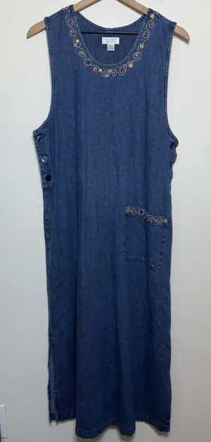VTG 90s Women 100% Cotton Western Denim Jumper Dress Button Blue Embroidered‎ thumbnail 1