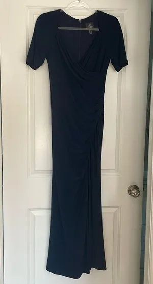 Adrianna Papell Navy Blue V Neck Short Sleeve Stretch Gown Size 4 Formal thumbnail 4