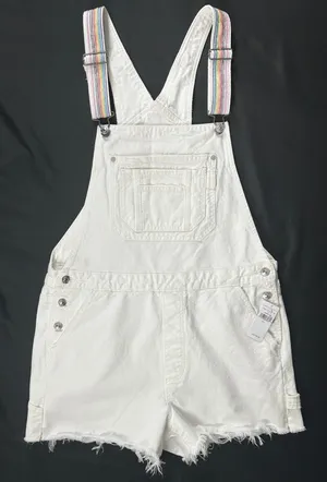 American Eagle White Denim Rainbow Strap Shortalls Overalls NWT thumbnail 1