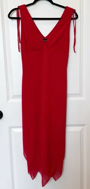 Vintage Wet Seal Y2K Babydoll Midi Dress‎ Medium Red Asymmetric Hem Fairy Vamp thumbnail 1