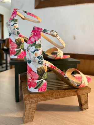Nine West Floral Open-Toe Ankle-Strap Block Heels in Pink and Green thumbnail 2