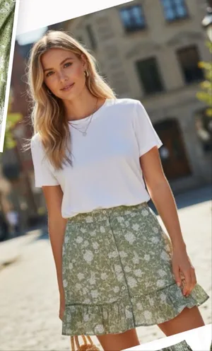 NWT Shyanne green white floral ladder lace ruffle hem button down skirt sz XL thumbnail 1