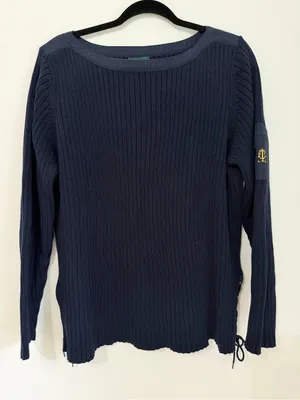 Ralph Lauren BLUE Nautical BOAT NECK Ribbed Cotton Sweater Anchor Pocket Size 1X thumbnail 1