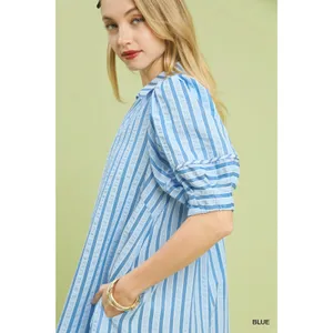 Umgee Striped Puff Sleeve Midi Dress - Blue - Large thumbnail 4