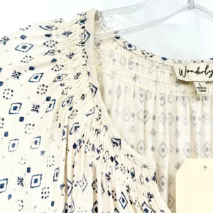 Wonderly Tiered Babydoll Dress Womens L Cream Navy Boho Smocked Peasant Cottage thumbnail 2
