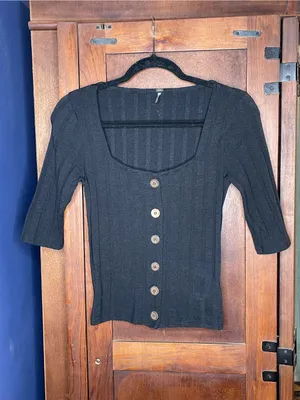 Free People Central Park Top Small Black Ribbed Button Front Square Neck Y2K 90s thumbnail 3