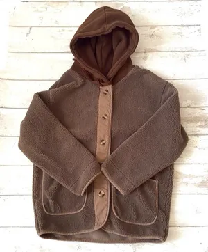 H&M Womens M Brown Fleece Sweater Coat Button Hooded Jacket Faux Sherpa Medium thumbnail 1