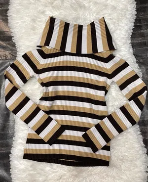 J Crew Brown Tan Striped Fold Over Turtleneck Ribbed Sweater Alt Y2k Fall Chic thumbnail 1