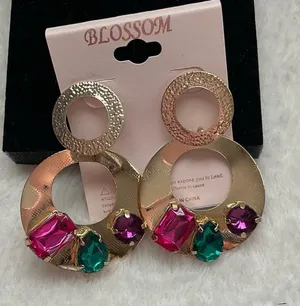 Gold Hoop Earrings with Pink and Green Gemstones thumbnail 1