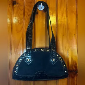 Deborah Lewis Studio Faux leather studded crescent shoulder bag suede panel Y2K thumbnail 4