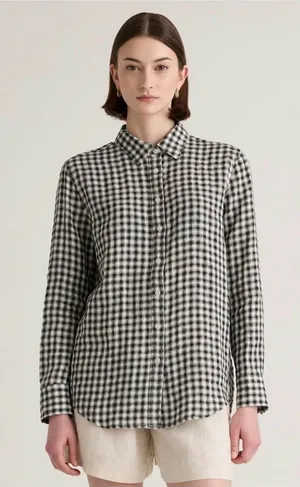 Quince 100% European Linen Long Sleeve Shirt Khaki Black Gingham Small NEW NWT thumbnail 1