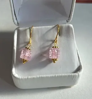 3/$20 Light Pink Square Crystal Ornate Gold Plated Dangling Drop Earrings thumbnail 1