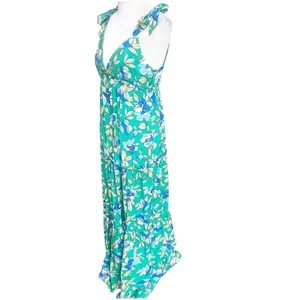 Monteau Los Angeles Floral Tiered Maxi Dress Green Size Large V-Neck Bohemian thumbnail 4