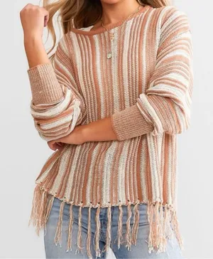 BKE Striped Knit Sweater Fringed Brown Beige Boho Casual S Slouchy Boxy Cozy‎ thumbnail 1
