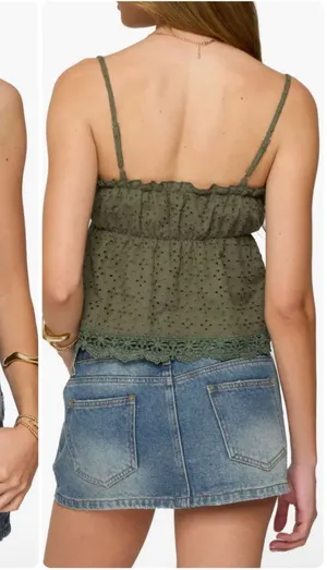 Edikted Womens Olive Green Orian Eyelet Cotton‎ Babydoll Camisole Top Size M thumbnail 1