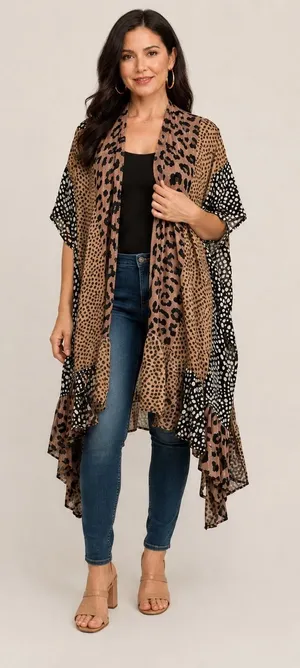Umgee Womens‎ Leopard Patchwork Ruffle Kimono Wrap Brown Black SM thumbnail 1