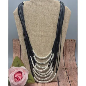 Black & Silver Tone Multi Cord Strand Statement Necklace 24" Long Collar thumbnail 2