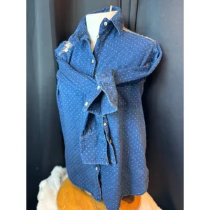 Free People Polka Dot Denim Button Down Shirt Fair Isle Knit Yoke Blue western thumbnail 7