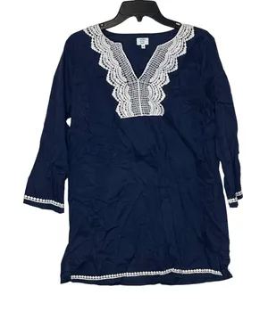 Crown & Ivy Beach‎ V-Neck Tunic Top Crochet Trim 3/4 Sleeve Women Medium thumbnail 1