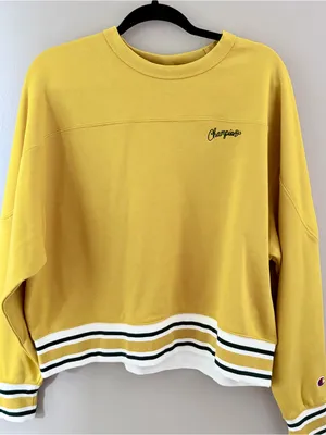 Champion Script Logo Mustard Yellow Striped Trim Crewneck Sweatshirt XXL thumbnail 1
