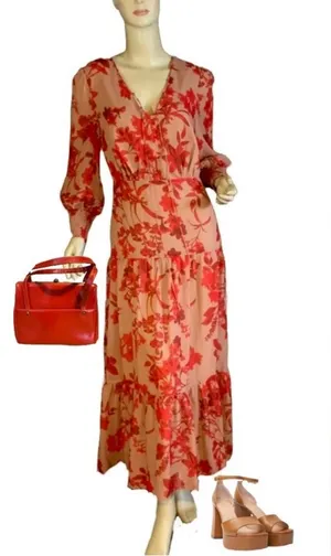 Sam Edelman Red & Tan Floral Print Chiffon Maxi Dress Nwt (6) thumbnail 1