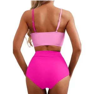NWT Hot Pink Colorblock 2 Piece High Waisted Scoop Neck Bikini Set- Medium‎ thumbnail 2
