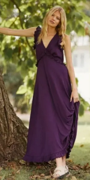 Anthropologie Deep V Ruffled Maxi Dress Adjustable Back Tie Dark Purple … thumbnail 1