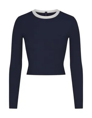 Skims Soft Lounge Ringer Long Sleeve Crop Top Navy Multi Size 2X thumbnail 1