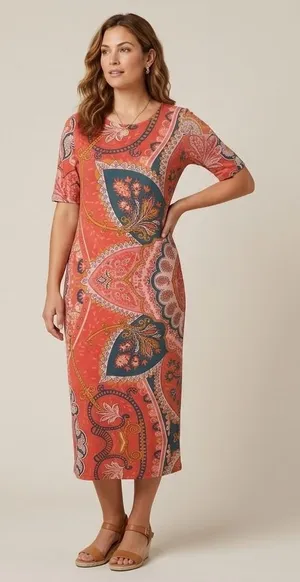 Farm Rio Giannina Knit Midi Dress Orange Paisley Floral Print Size Medium thumbnail 1
