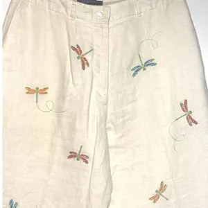 Paraphrase Linen Pants Womens 12 Ivory Embroidered Dragonfly Wide Leg Crop thumbnail 3