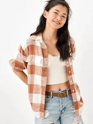 American Eagle NWT Women's Size L Brown White Plaid Oversized Flannel Shirt thumbnail 1