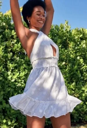 NEW Aerie White Spring Eyelet Fling Mini Dress Sz XL Halter Tie Floral thumbnail 1