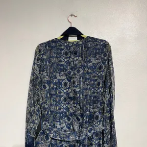 House of Harlow 1960 Blue Print Reska Fringe Sleeve Maxi Dress Sz L thumbnail 9