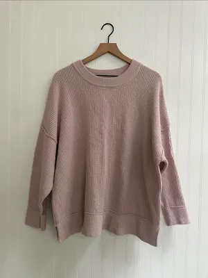 AERIE Ribbed Texture Crewneck Sweater Exposed Seams Soft Chenille Pink Size L thumbnail 2