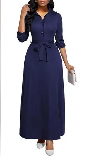 NEW Blue Collared 3/4 Sleeve Button Down Maxi Dress Belted XL thumbnail 1