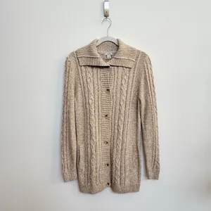 L.L. Bean Cable Knit Fisherman Cardigan Sweater Beige Cotton Button Front‎ M thumbnail 7