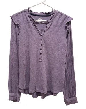 Pilcro Anthropologie Ruffle Henley Top Sz S Purple Slub Knit Long Sleeve Boho thumbnail 1