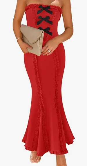 Elegant Red Strapless Dress with Black Bow Accents thumbnail 1